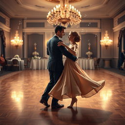 A graceful couple performing a classic waltz dance on a beautifully decorated ballroom floor, surrounded by elegant chandeliers and vintage decor