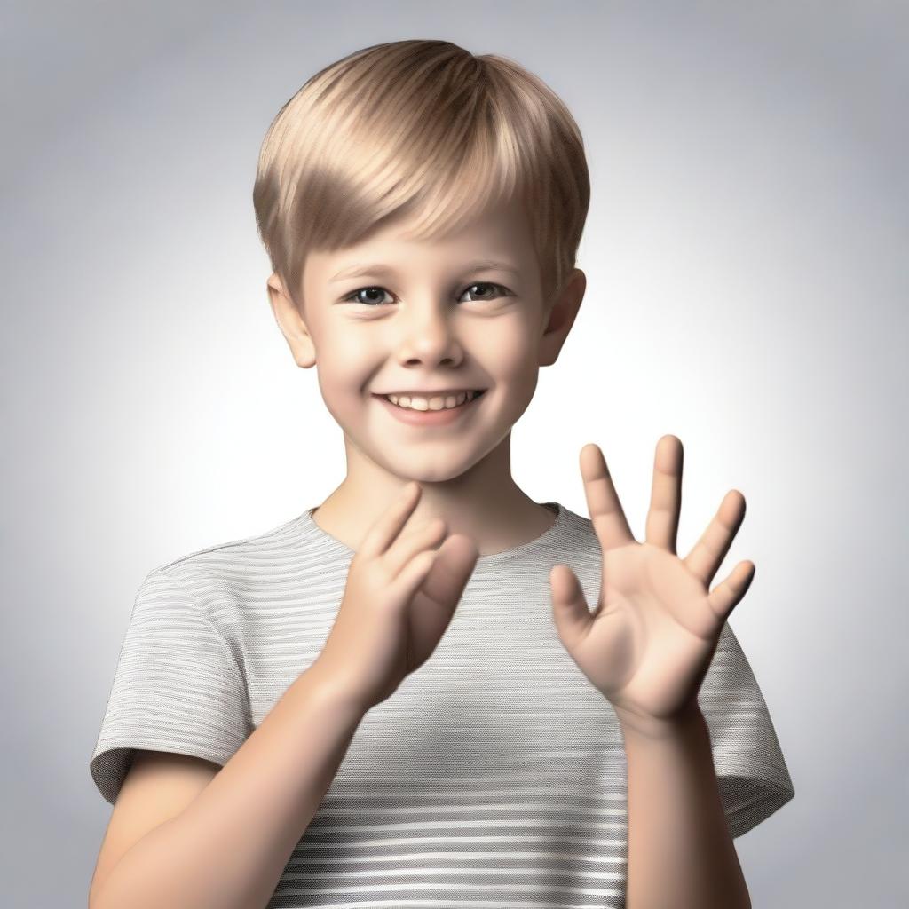 A photorealistic digital artwork of a 7-year-old boy using American Sign Language