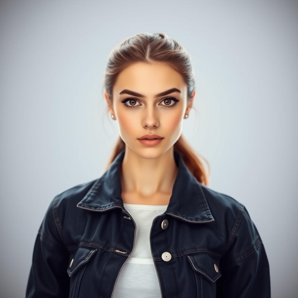 A beautiful 25-year-old woman dressed as a stylish student stands front-facing, looking directly at the camera with a provocative expression