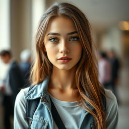 A beautiful 25-year-old woman dressed as a stylish student stands front-facing, looking directly at the camera with a provocative expression