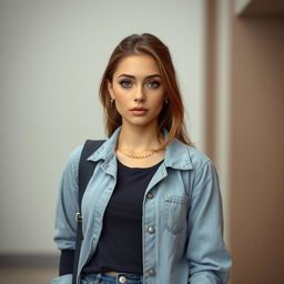 A beautiful 25-year-old woman dressed as a stylish student stands front-facing, looking directly at the camera with a provocative expression