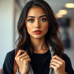A beautiful 25-year-old woman dressed as a stylish student stands front-facing, looking directly at the camera with a provocative expression