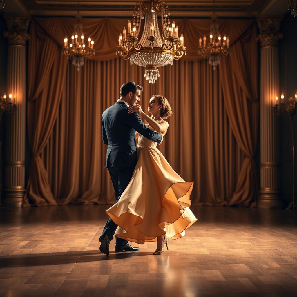 A beautifully staged waltz dance performance featuring a graceful couple twirling elegantly on a grand ballroom floor