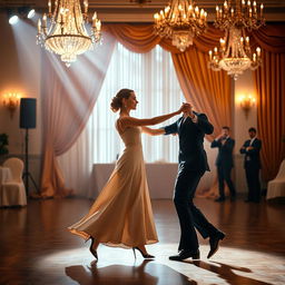 A beautifully staged waltz dance performance featuring a graceful couple twirling elegantly on a grand ballroom floor