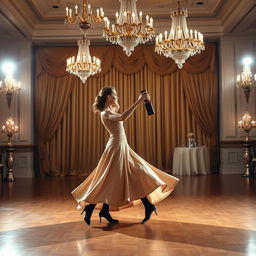 A beautifully staged waltz dance performance featuring a graceful couple twirling elegantly on a grand ballroom floor