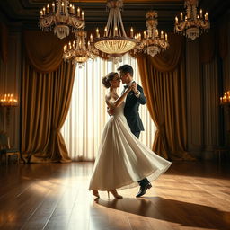 A beautifully staged waltz dance performance featuring a graceful couple twirling elegantly on a grand ballroom floor