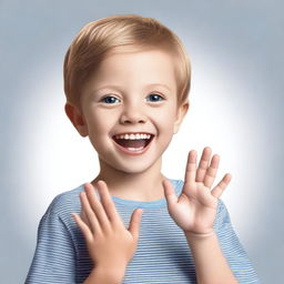 A photorealistic digital artwork of a 7-year-old boy using American Sign Language