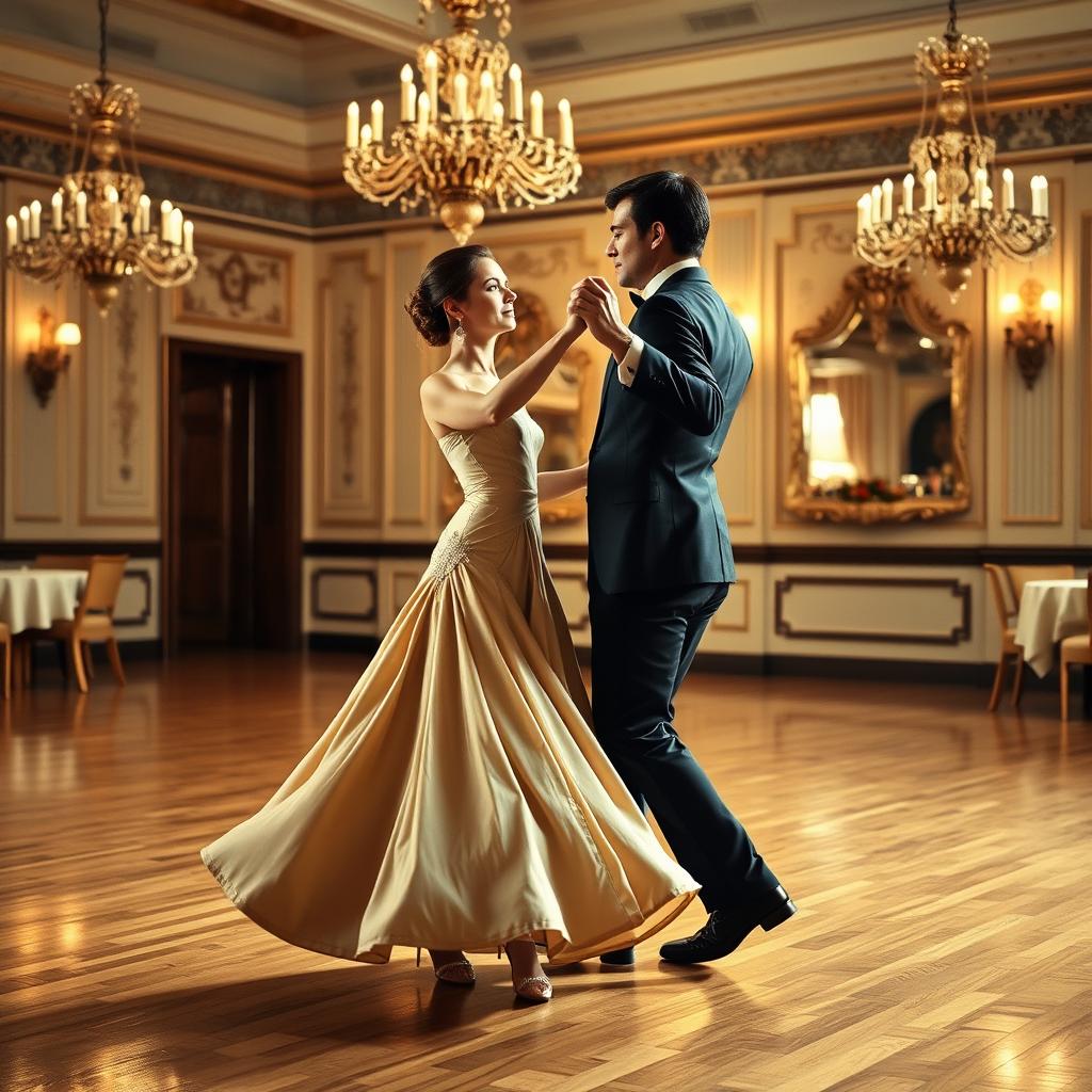 A couple gracefully performing a traditional waltz dance in an elegant ballroom, showcasing classic dance poses and flowing movements