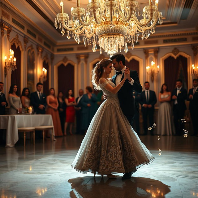 A captivating scene of a couple gracefully performing a classic waltz dance in an elegant ballroom, adorned with crystal chandeliers and ornate decorations
