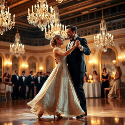 A captivating scene of a couple gracefully performing a classic waltz dance in an elegant ballroom, adorned with crystal chandeliers and ornate decorations