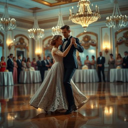 A captivating scene of a couple gracefully performing a classic waltz dance in an elegant ballroom, adorned with crystal chandeliers and ornate decorations