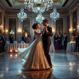 A captivating scene of a couple gracefully performing a classic waltz dance in an elegant ballroom, adorned with crystal chandeliers and ornate decorations