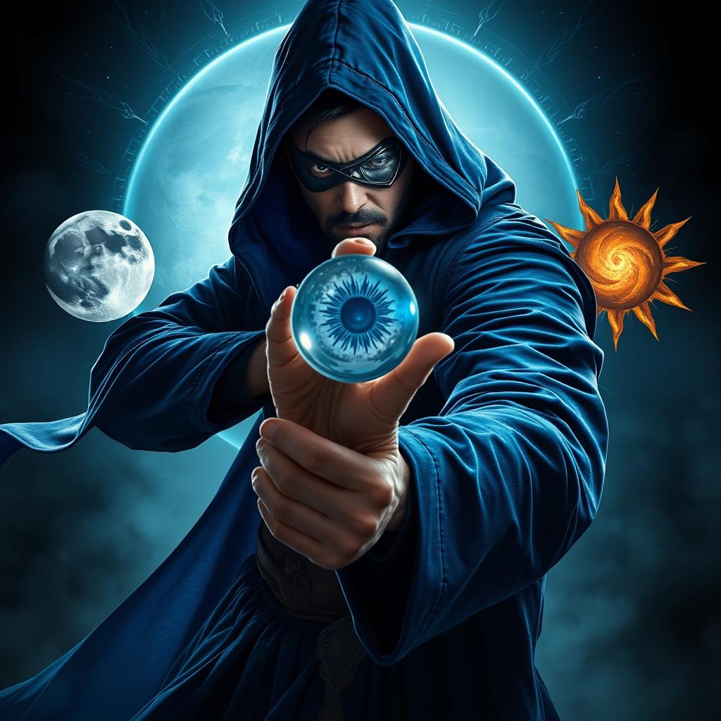 An elegant 35-year-old male sorcerer, poised in a fierce combat stance within a dark, mystical, and celestial environment