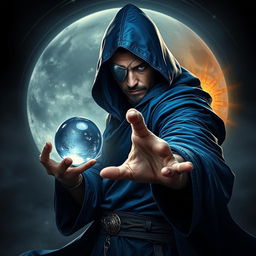 An elegant 35-year-old male sorcerer, poised in a fierce combat stance within a dark, mystical, and celestial environment