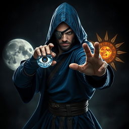 An elegant 35-year-old male sorcerer, poised in a fierce combat stance within a dark, mystical, and celestial environment