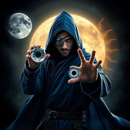 An elegant 35-year-old male sorcerer, poised in a fierce combat stance within a dark, mystical, and celestial environment