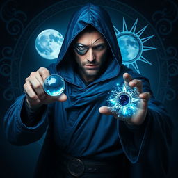 An elegant 35-year-old male sorcerer in a fierce combat stance, positioned within a dark and celestial environment