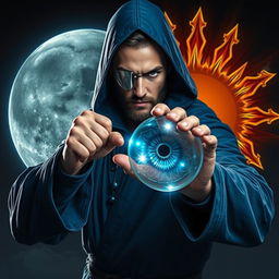 An elegant 35-year-old male sorcerer in a fierce combat stance, positioned within a dark and celestial environment