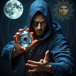 An elegant 35-year-old male sorcerer in a fierce combat stance, positioned within a dark and celestial environment