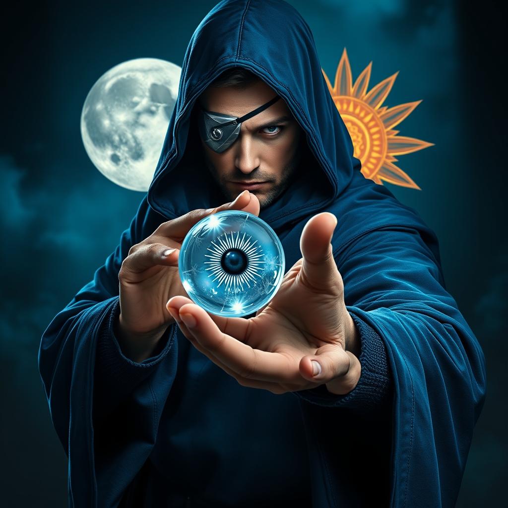 An elegant 35-year-old male sorcerer in a fierce combat stance, positioned within a dark and celestial environment