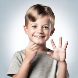 A photorealistic digital artwork of a 7-year-old boy using American Sign Language