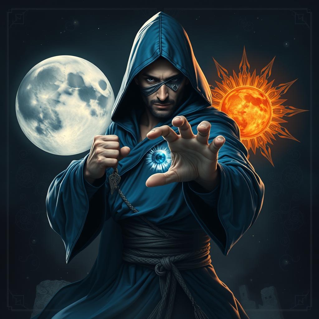 An elegant 35-year-old male sorcerer, poised in a powerful combat stance, depicted in a full body view within a dark and celestial environment