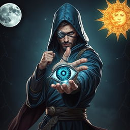 An elegant 35-year-old male sorcerer, poised in a powerful combat stance, depicted in a full body view within a dark and celestial environment