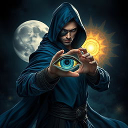 An elegant 35-year-old male sorcerer, poised in a powerful combat stance, depicted in a full body view within a dark and celestial environment