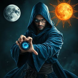 An elegant 35-year-old male sorcerer, poised in a powerful combat stance, depicted in a full body view within a dark and celestial environment