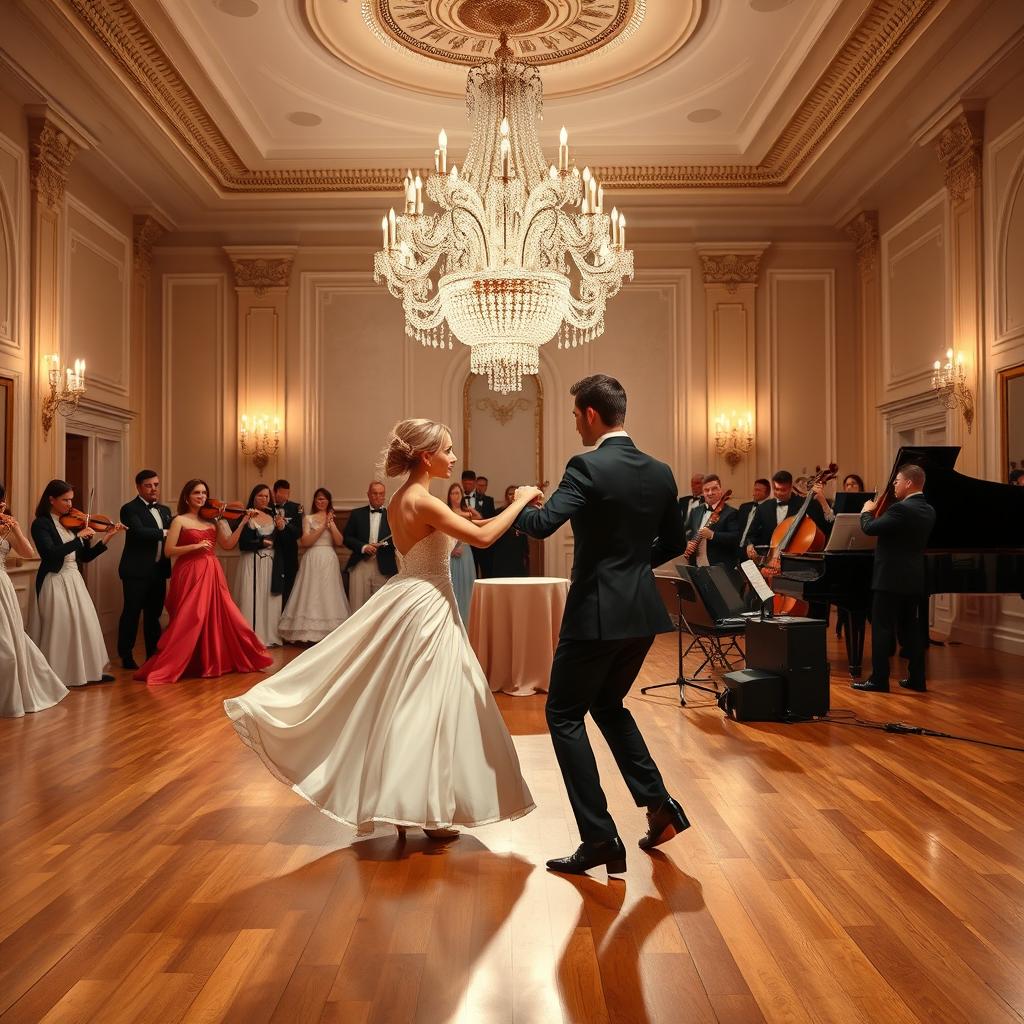 A majestic ballroom scene featuring a beautifully decorated stage for a waltz performance