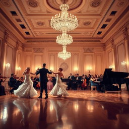 A majestic ballroom scene featuring a beautifully decorated stage for a waltz performance