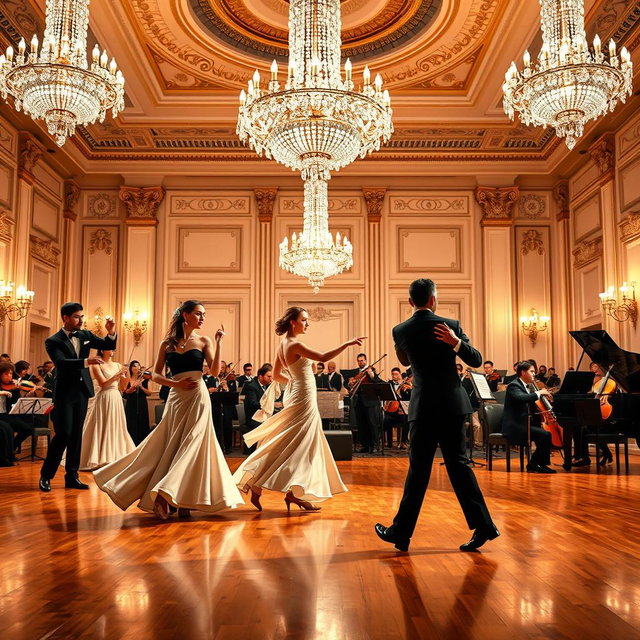 A majestic ballroom scene featuring a beautifully decorated stage for a waltz performance