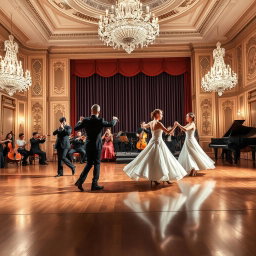 A majestic ballroom scene featuring a beautifully decorated stage for a waltz performance