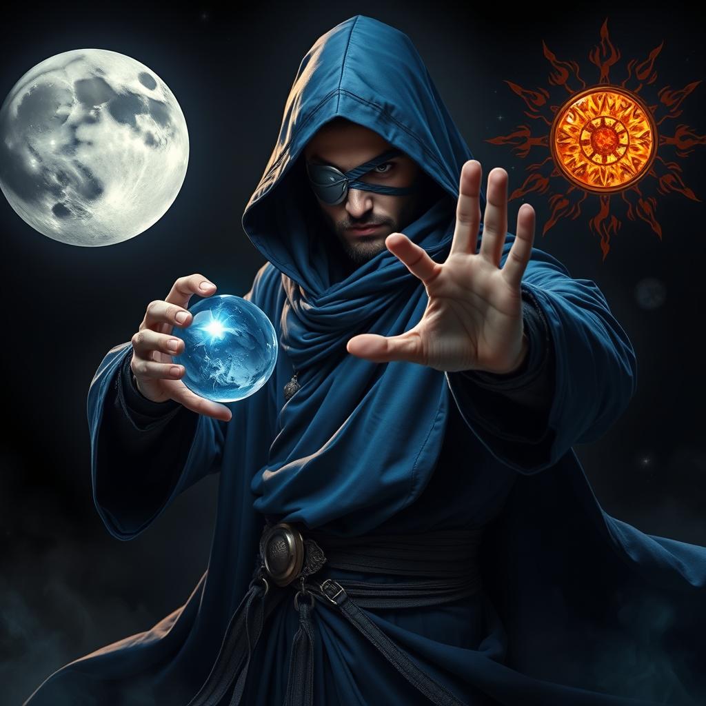An elegant 35-year-old male sorcerer in a dynamic combat stance, set within a dark and celestial environment