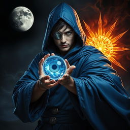 An elegant 35-year-old male sorcerer in a dynamic combat stance, set within a dark and celestial environment