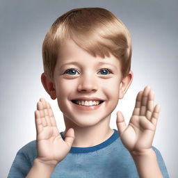 A photorealistic digital artwork of a 7-year-old boy using American Sign Language