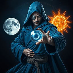 An elegant 35-year-old male sorcerer in a dynamic combat stance, set within a dark and celestial environment