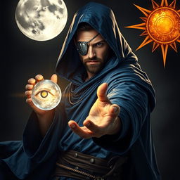 An elegant 35-year-old male sorcerer in a dynamic combat stance, set within a dark and celestial environment
