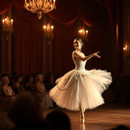 A captivating scene of a classic stage dance performance, featuring a graceful ballerina in a lavishly designed tutu, adorned with sequins and lace, performing an elegant pirouette on a grand stage