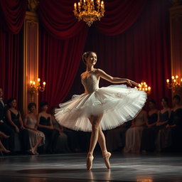 A captivating scene of a classic stage dance performance, featuring a graceful ballerina in a lavishly designed tutu, adorned with sequins and lace, performing an elegant pirouette on a grand stage