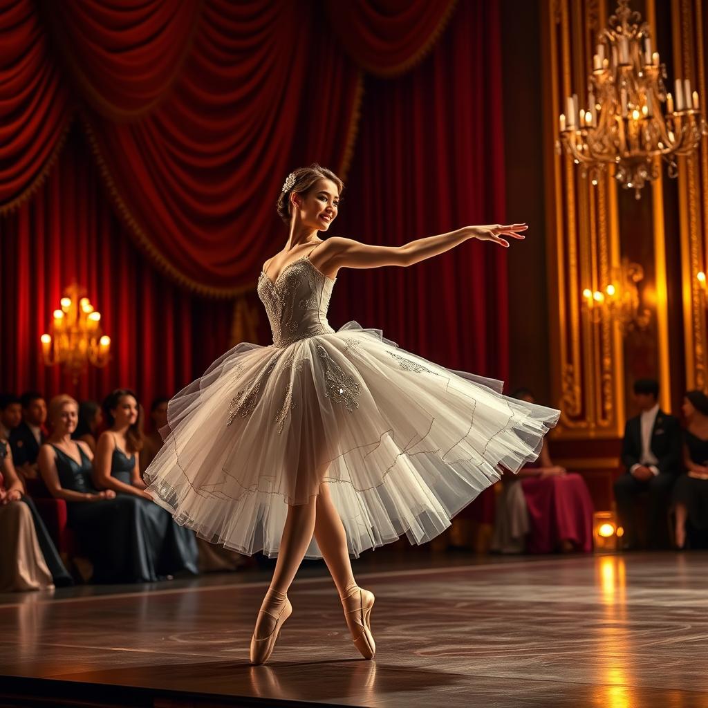 A captivating scene of a classic stage dance performance, featuring a graceful ballerina in a lavishly designed tutu, adorned with sequins and lace, performing an elegant pirouette on a grand stage