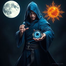 An elegant 35-year-old male sorcerer, poised in a combat stance within a dark and celestial environment