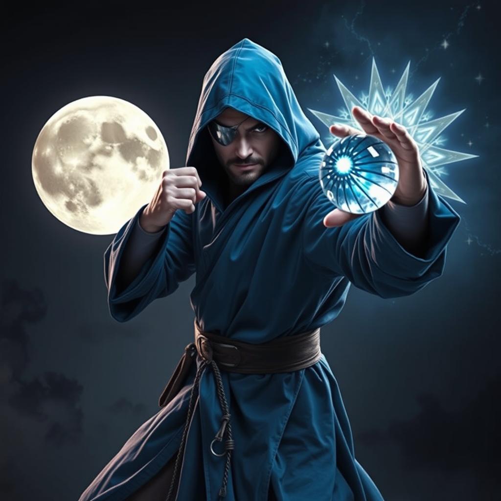 An elegant 35-year-old male sorcerer, poised in a combat stance within a dark and celestial environment