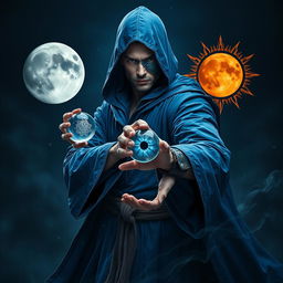An elegant 35-year-old male sorcerer, poised in a combat stance within a dark and celestial environment