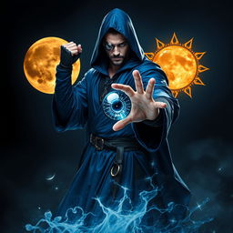 An elegant 35-year-old male sorcerer, poised in a combat stance within a dark and celestial environment