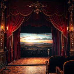 A classic stage set for a theatrical performance, complete with elegant velvet curtains in deep red, ornate golden embellishments, and vintage theatrical lighting