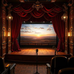A classic stage set for a theatrical performance, complete with elegant velvet curtains in deep red, ornate golden embellishments, and vintage theatrical lighting