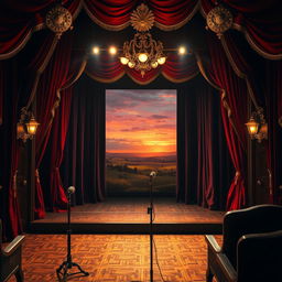 A classic stage set for a theatrical performance, complete with elegant velvet curtains in deep red, ornate golden embellishments, and vintage theatrical lighting