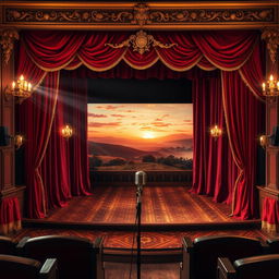 A classic stage set for a theatrical performance, complete with elegant velvet curtains in deep red, ornate golden embellishments, and vintage theatrical lighting