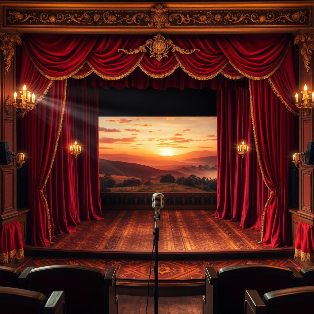 A classic stage set for a theatrical performance, complete with elegant velvet curtains in deep red, ornate golden embellishments, and vintage theatrical lighting